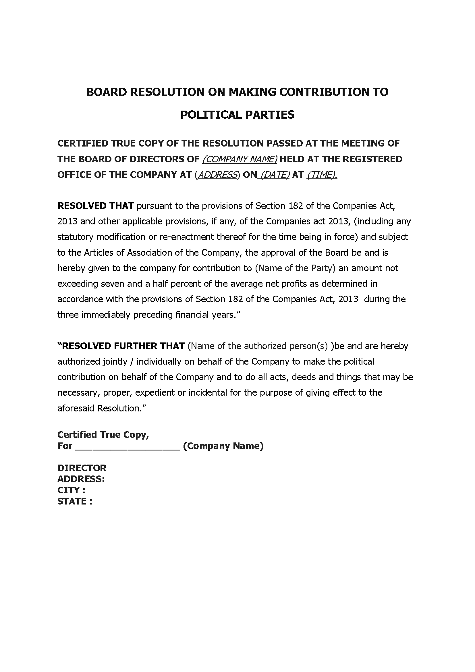 Board Resolution On Making Contribution To Political Parties